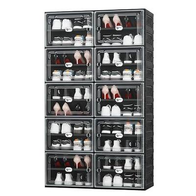 Black Shoe Storage Cabinet for 40 Pairs, Collapsible Plastic Shoe Organizer with Magnetic Clear Doors, 3-Step Tool-Free Assembly for Entryway, Hallway, Apartment and Closet (2Row, 10Tier)