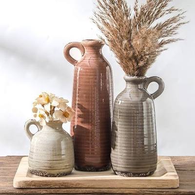 Ceramic Vases Set of 3, Neutral Rustic Farmhouse Vase with Handle, Decorative Flower Vases Home Decor Modern Boho Pampass Vase for Table Mantel Entryway Shelf Living Room Kitchen Bathroom - Brown