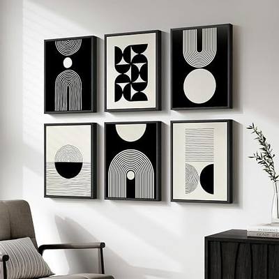 Wood Framed Modern Abstract Canvas Wall Art Sets of 6, Black and White Minimalist Prints, Bohemian Geometric Decor Painting for Living Room, Bedroom, Hallway and Office 11x14 Inch