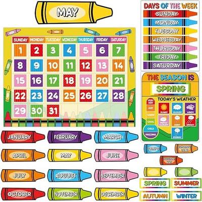 Colorful Crayon Calendar Bulletin Board Set Crayons CTP Bulletin Board Calendar Seasons Weather Chart Crayon Classroom Decors with Season Weather and Days of the Week Chart for Back to School Supplies