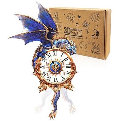 3D Wooden Puzzles for Adults-Blue Dragon Clock Puzzle-Adult Crafts | 3D Puzzle/Puzzle Clock/Dragon Lover Gifts/DIY Wooden Puzzle/Working Clock/Desk/Wall Decor/Creative Gifts for Adults&Teens