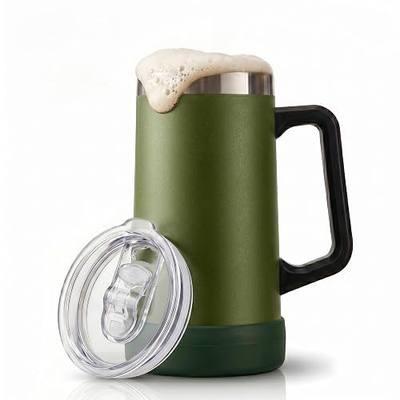 KooK Beer Stein, Stainless Steel Coffee Mug, Tumbler with Thermal Vacuum Insulation, Leak-Proof Lid, Double Walled Drinking Cup, Large Handle, Silicon Non-Slip Base, Shatterproof, Olive, 23.7 oz