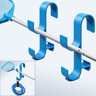 2 Pack Multifunctional Above Ground Pool Storage Hooks, Heavy Duty Plastic Pool Pole Hanger for Skimmer, Vacuum Cleaning Tools, Fit All Round Top Rails of Bestway Intex Frame Pools
