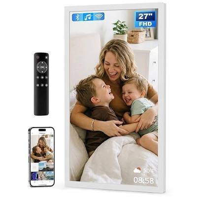 27" Large Digital Picture Frame, 64GB, Anti-Glare Non-Touch, WiFi Wall-Mount Frame for Home/Business, 1920x1080 FHD, Share via App, Email, USB & Micro SD, Remote Included, White
