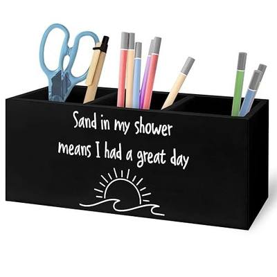 Summer Beach Makeup Brush Toothbrush Holder Organizer for Bathroom Vanity, Beach Lover Gifts, Sand in My Shower Means I Had a Great Day Wooden Pen Pencil Holder for Desk Accessories