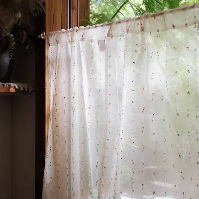 jinchan Colorful Pom Pom Voile Kitchen Tier Curtains 24 Inches 2 Panels | Cafe curtains, semi sheer, rod pocket, cottagecore, small window, over sink, bedroom, living room, laundry, machine washable