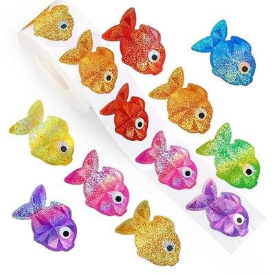 Whaline Summer Fish Stickers Roll Laser Colored Sea Creature Seal Stickers Ocean Waterproof Self-Adhesive Decals for Envelope Journal Decor Classroom Teacher Reward, 500 Pcs