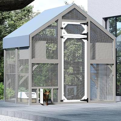 PetsCosset 71"H Catio Outdoor Cat Enclosure Large Walk in Cat Patio for Cat | Weatherproof Wooden Cat House for Multiple Cats,Attached to House's Window Catio,Cat's Door and Tunnel,2 Condos & 6 Platforms