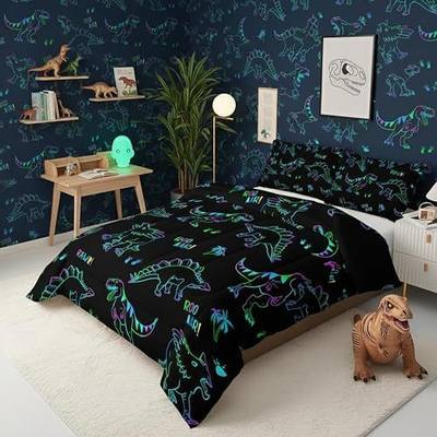 QOOMO Jurassic Dinosaur Kids Bedding Set, Black, Twin Size | Cartoon Animals Comforter, For Girls And Boys, 1 Comforter Set, 2 Pillowcases
