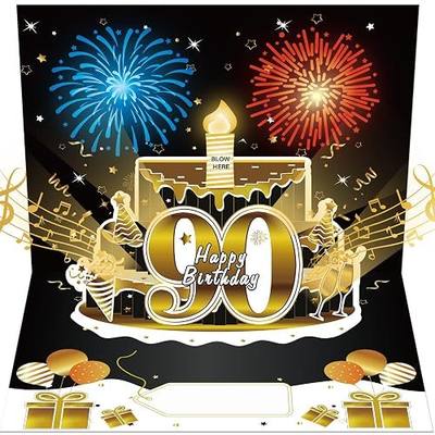 Turypaty 90th Birthday Cards Pop Up 3D Cake - Firework & Music & Blow Out Candle Light Funny Happy 90 Black Gold Birthday Card Gifts for Men, Women, Dad, Mom, Grandpa, Grandma, Friends, Husband, Wife