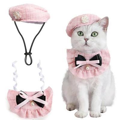 HOWWFALY 2PCS Cat Beret Hat with Small Camellia, Adjustable Satin Bowtie Bandana Scarf Set Pet Princess Costume for Halloween Christmas, Cat Dog Birthday Party Apparel (Pink Bow)