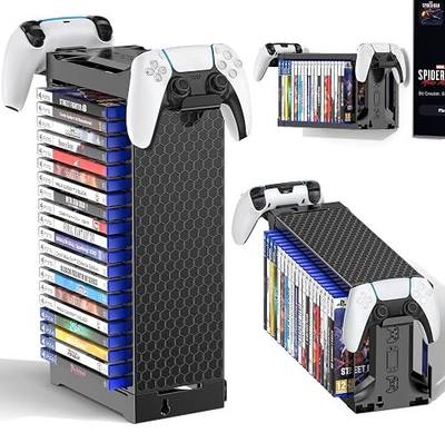 Video Game Storage Tower Holder with Controller Stand, Wall Mount Game Organizers and Storage for Nintendo Switch 2/ PS5/4/ XboxOne/Series, Vertical & Horizontal Stand for 20 Gaming Discs Accessories
