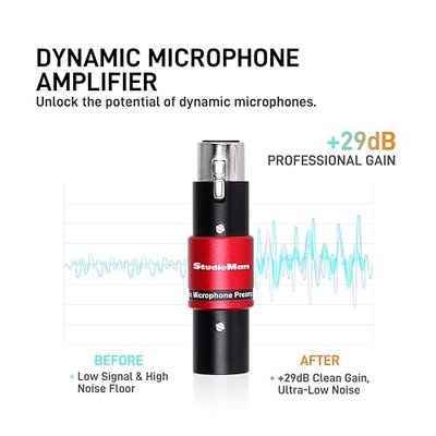 StudioMan DPM1 XLR Dynamic Microphones Preamp, 29dB Gain & Low-Noise Signal Boost, Plug-and-Play Metal Adapter,48V Phantom Power Required(not Included,Only for Dynamic Mics-for Studio/Stage