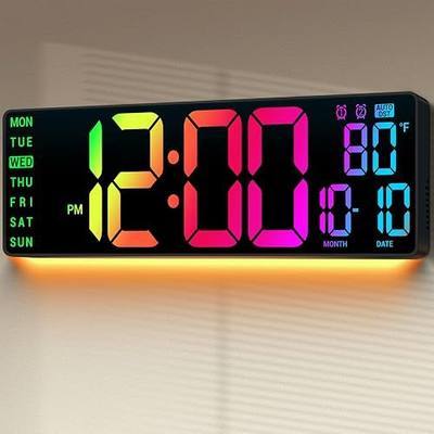 16.5" Large Digital Wall Clock: 11 RGB Color LED Display with Remote Control, Auto DST, Temperature & Date, Big Number Wall Clock for Seniors, Classroom, Office, Gym, Home Decor Black