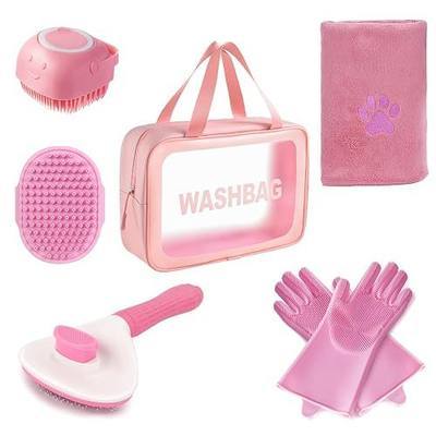 6PCS Pink Dog Washing Kit with Brush, Scrubber, Gloves, Towel & Bag | Dog Brush, Washing Gloves, 39.7" × 20.5" Towel, Shampoo Brush, Bath Scrubber and Big Toiletries Bag