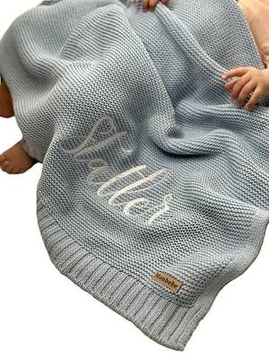 Monbebe Personalized Baby Blanket with Name | Custom Newborn Gift | Embroidered Infant Blanket | Soft Cotton Knit Swaddle | Monogrammed Baby Bedding | Boys and Girls Crib Throw (Light Blue)