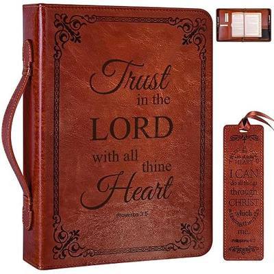 Extra Large Bible Cover Case for Men Women, Mens Bible Covers Cases Leather Bible Cover Carrying Case for Women Men with Handle Zippered Bible Book Cover Holder Bag Case (Brown, XL)