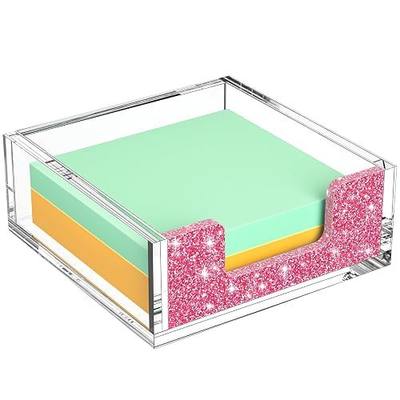 Acrylic Notepad Dispenser Organizer - 3 x 3 in Clear and Glitter Pink Sticky Note Holder W/O Pads Memo Holder for Dorm Room School Classroom Office Desk Organizer Aesthetic Supplies