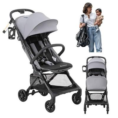BabbleRoo Hoplite Compact Stroller – Lightweight Travel Stroller for Airplane (12.3 lbs), from Birth to 55 lbs, Easy Fold, PU Wheels, Alloy Frame, Near-Flat Recline, Cup Holder, Baby Stroller