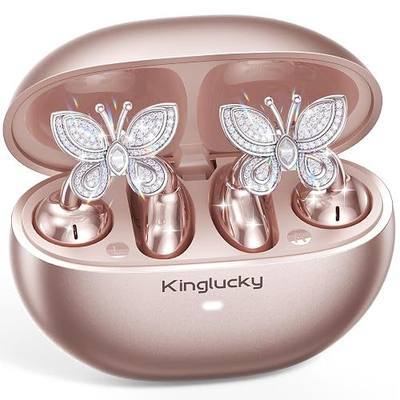 Kinglucky Clip-On Open Ear Earbuds with Detachable Butterfly Earrings, Bluetooth 6.0 Wireless Headphones for Women, 40H Playtime, Comfortable Fit for Small Ears, Sports, Glasses Wearers, Rose Gold