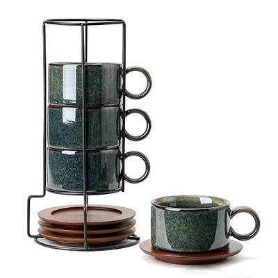 LUKA 6 Ounce Porcelain Stackable Espresso Cups with Saucers and Metal Stand Set of 4, Ceramic Cappuccino Cups Set for Specialty Coffee Drinks, Latte, Cafe Mocha and Tea, Kiln Tide Glaze