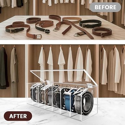 Acrylic Belt Organizer 7-Compartment Clear Storage Case with Flap Cover | Clear Case for Belts, Ties & Bow Ties. Flap Cover Attached. Closet/Drawer Display Holder for Men & Women. Dust-proof.
