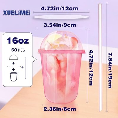 16oz Disposable Stemless Glasses With Dome Lids and Straws,PET Disposable Drinking Cups,Clear Plastic Wine Glasses for Parties Birthday,Wedding,Meeting,Christmas Party Supplies (50, Pink)