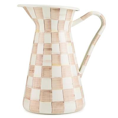 MACKENZIE-CHILDS Practical Pitcher, Large, Brown-and-White Mocha Check | Hand-painted design, made from enameled steel, drink pitcher with spout for iced tea or water, 17-cup capacity