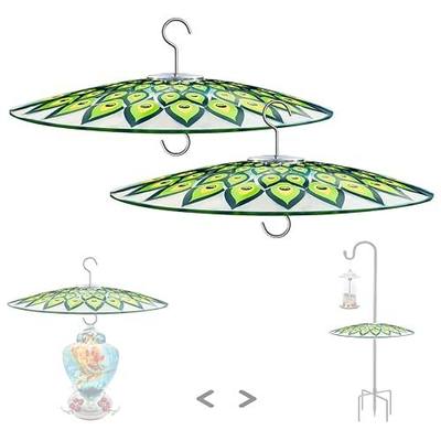 13" Large Glass Rain Cover for Bird Feeder, 2-Pack Peacock Weather Guard | Stainless Hooks Squirrel Baffle Dome, Dual Use Protective Shield on Shepherd Pole or Hook Hanging, Bird House Protector, 33cm