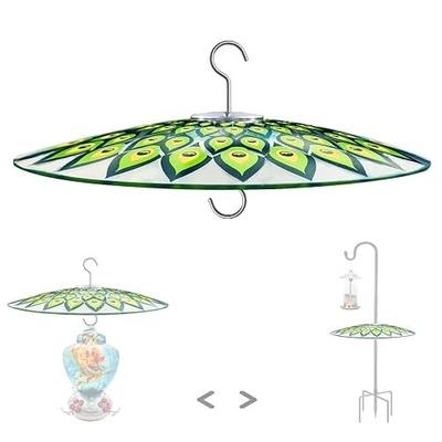 13" Large Glass Rain Cover for Bird Feeder, Peacock Weather Guard Dome | Stainless Hooks Squirrel Baffle, Dual Use Protective Shield on Shepherd Pole or Hook Hanging, Bird House Protector, Dia. 33cm