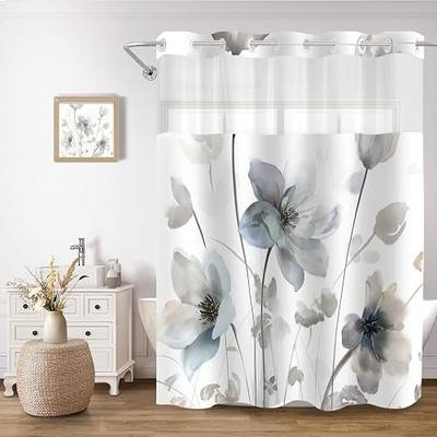 No Hook Shower Curtain and Liner Set, Blue and Grey Boho Floral Shower Curtains for Bathroom, Watercolor Flower Waterproof Bathroom Curtain Sets with Snap in Liner for Hotel, 71x74 Inch
