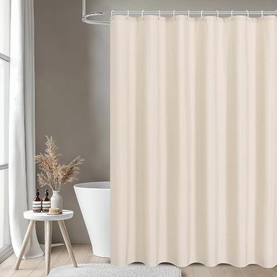 2-in-1 Waterproof Fabric Shower Curtain,No Separate Liner Needed,Linen Textured,Effortless Cleaning & Washable Bathroom Shower Curtain Set with 12 Plastic Hooks,72"x72",Cream