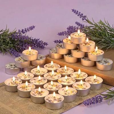 Lavender Scented Tealight Candles 64 Pack - 4-Hour Palm Wax White Tea Lights, Plant Dried Flower Scented Tea Candles (Paraffin-Free), Votive Candle for Home/Yoga/Bath/Meditation