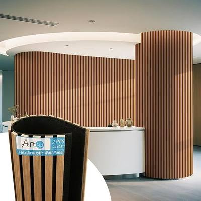 Art3d 2-Pack Acoustic Wood Slat Wall Panel with Roll-Flat Design - 95.3 x 23.8 Inch Sound Absorbing Panels for Living Room Columns Corridor Curved Wall Decor, Teak