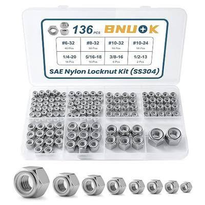 136PCS SAE Lock Nuts Assortment Kit 6-32 8-32 10-32 10-24 1/4-20 5/16-18 3/8-16 1/2-13, 304 Stainless Steel Nylon Insert Locknuts Set