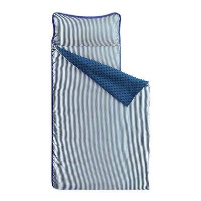 Wake In Cloud - Toddler Nap Mat with Pillow and Minky Fleece Blanket, for Kids Boys Girls in Daycare Preschool Kindergarten, Roll Up Sleeping Bag, Cute Ticking Stripe, Royal Blue White, Standard