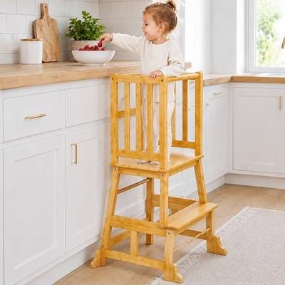 COSYLAND Toddler Standing Tower - Wooden Kitchen Step Stool Helper for Kids - Kitchen Tower with Anti-Tip Support Legs for Kitchen and Bathroom (Natural)
