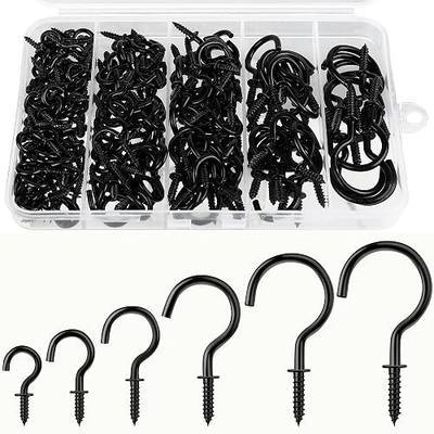 200 Pcs Screw Hooks kit, 6 Sizes Vinyl Coated Ceilling Wall Cup Hook | for Hanging Plant, Mug, Coffee Cups, String Light Decors, Indoor & Outdoor, Black (1/2in, 5/8in,3/4in,7/8in,1in,1-1/4in)
