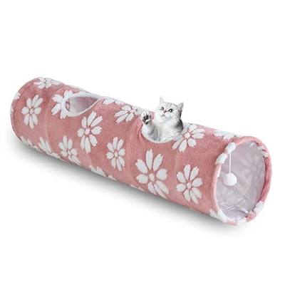 Straight Cat Tunnel for Indoor Cats 47"x12", Pink Flower | Cute Cat Toys, Collapsible Tunnel Tube with Hanging Balls for Puppy Kitten Rabbit
