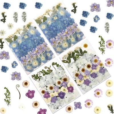 LUXEEASE 140P Hydrangea Dried Pressed Flowers | Large petals, star blooms, tendrils, papery texture, blue white purple, for resin scrapbook candle decor, tweezers included