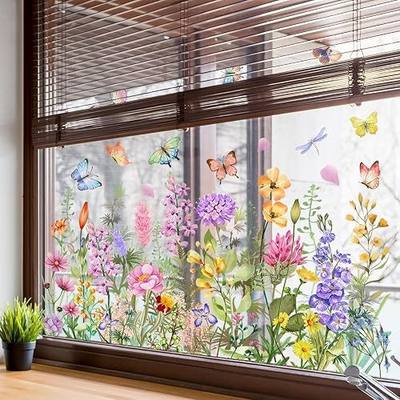 Spring Summer Window Stickers, Wildflowers Floral Butterfly Window Clings, Double-Side Natural Flower Greenery Glass Door Decals for Bedroom Living Room TV Office Home Decorations
