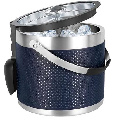 3.4Quart/3.2L Insulated Stainless Steel Ice Bucket with Lid, Scoop, Leather Design Double Wall Wine Bucket for Cocktail Bar, Parties (Dark Blue)