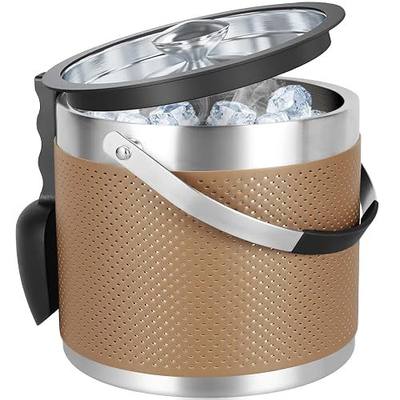 3.4 Quart Double-Wall Insulated Ice Bucket for Parties, Leather Design | Lid & Scoop Included, Double Wall Stainless Steel, For Cocktail Bar & Parties, Brown