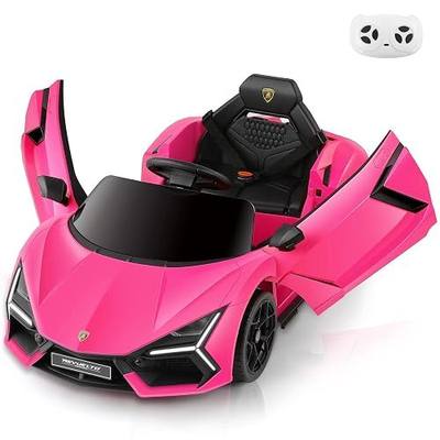 ELEMARA Licensed Lamborghini Car for Kids to Drive with Scissor Door,Toddler Ride on Toys with Remote Control,12V Battery Car for Kid with Bluetooth,MP3 Player,LED Light and Wide Seat, Hot Pink