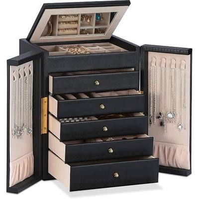 Dajasan Large Jewelry Organizer Box, 6-Tier Jewelry Storage Case with 5 Drawers, Jewelry Boxes for Women Girls with Mirror, Double Door, Textured PU Leather, Gift Idea, Stylish (Black + Gold)