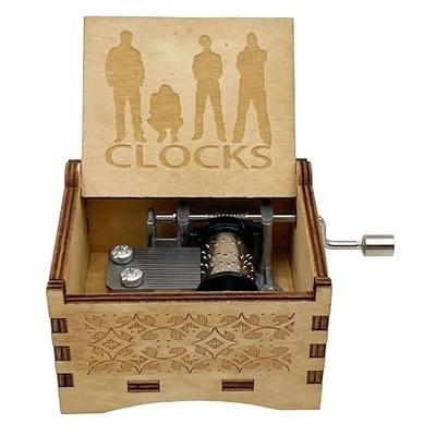 Vintage Wooden Clocks Music Box Hands Crank Laser Design Musical Box for Men Women Birthday Christmas gifts (Clocks)