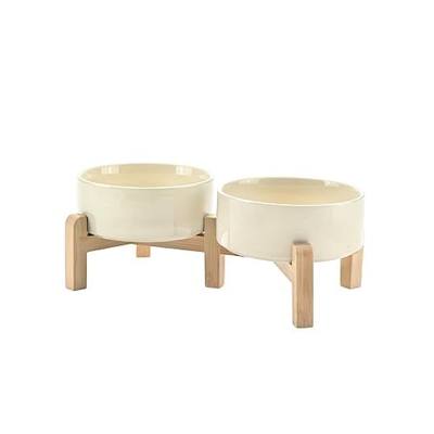 SPUNKYJUNKY Elevated Dog Bowls Ceramic, 5.1'' Dogs and Cat Food Water Bowls Raised with Non-Slip Bamboo Stand for Puppy Small Sized Breed Microwave Dishwasher Safe - 13.5 OZ,Beige