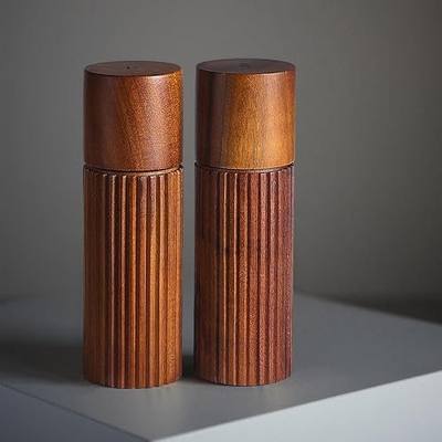 Acacia Wood Salt and Pepper Grinder Set with Ceramic Grinder | Manual Pepper Mills with Non-Slip Ribbed Design, Marked S&P Lids, 6.5 Inch