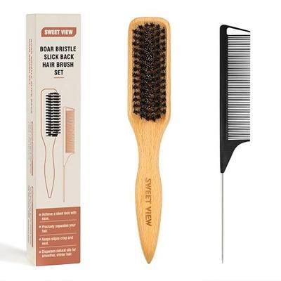 SWEET VIEW Boar Bristle Slick Back Hair Brush | Smooth Flyaways, Frizz, Sleek Ponytail, Buns and Edge Baby Hair, Gel Comb Styling Accessories for Girls, Kids and Women