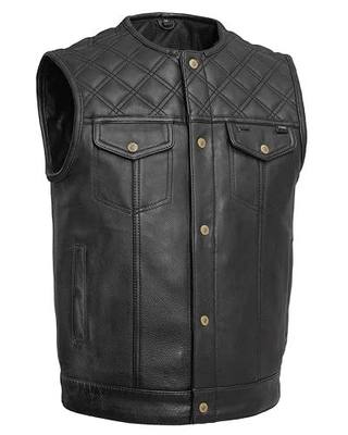 First Mfg Co Men’s Motorcycle Leather Vest, Club Style Premium Leather Biker Vest, Dual Zipper & Snap Closure